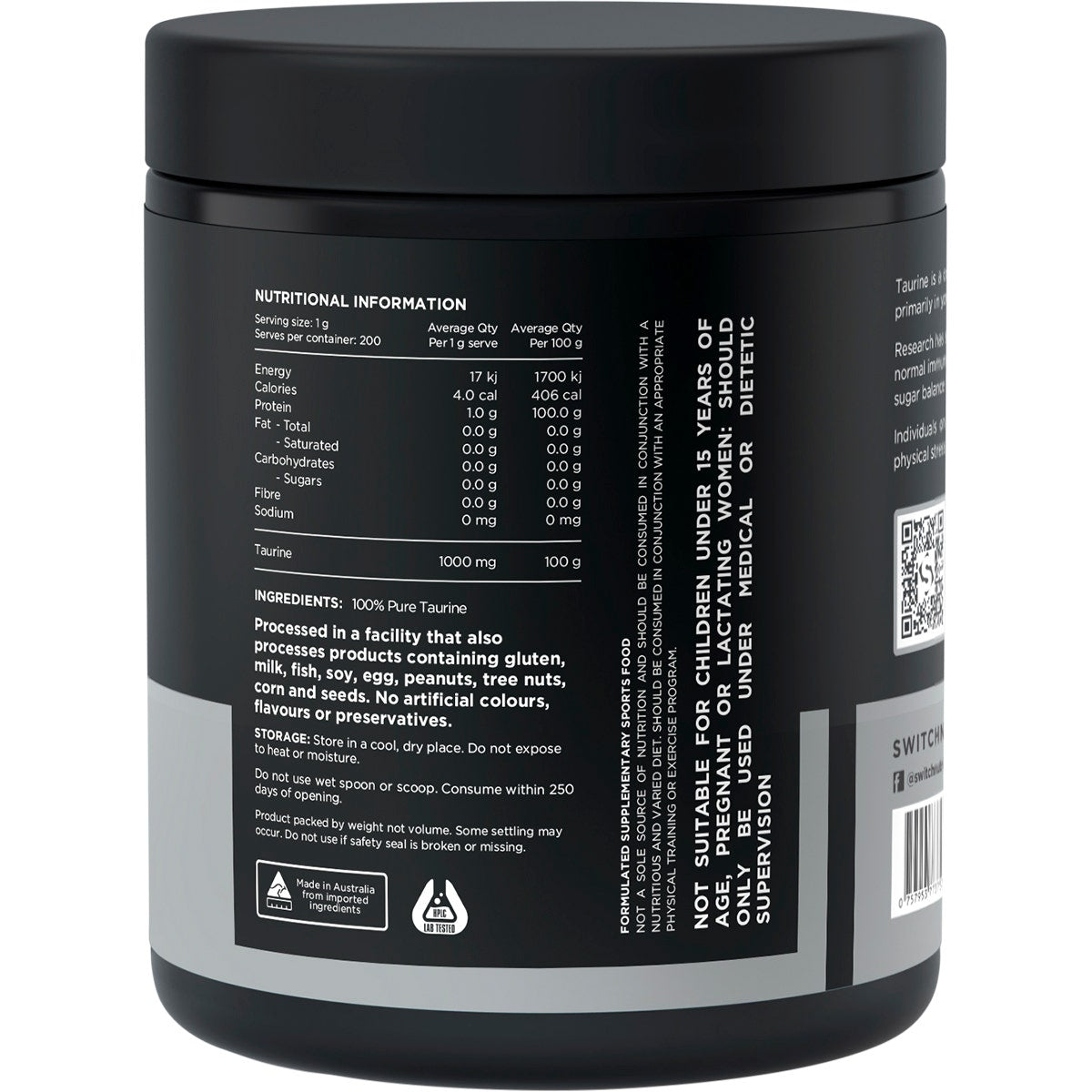 SWITCH NUTRITION Taurine 100% Pure Taurine 200g - Cutprice Online