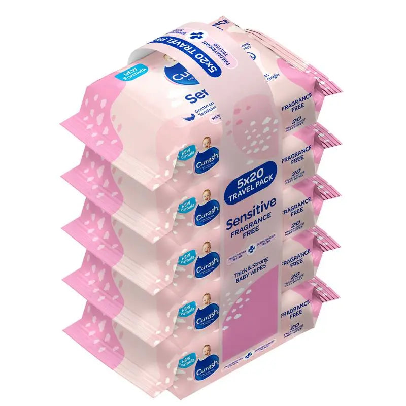 Curash Baby Sensitive Fragrance Free Travel Wipes 20 Pack x 5 Pack