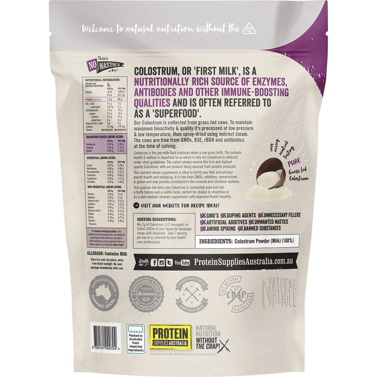 PROTEIN SUPPLIES AUSTRALIA Colostrum (Grass Fed) Pure - 20% Immunoglobulin (IgG) 500g PROTEIN SUPPLIES AUSTRALIA