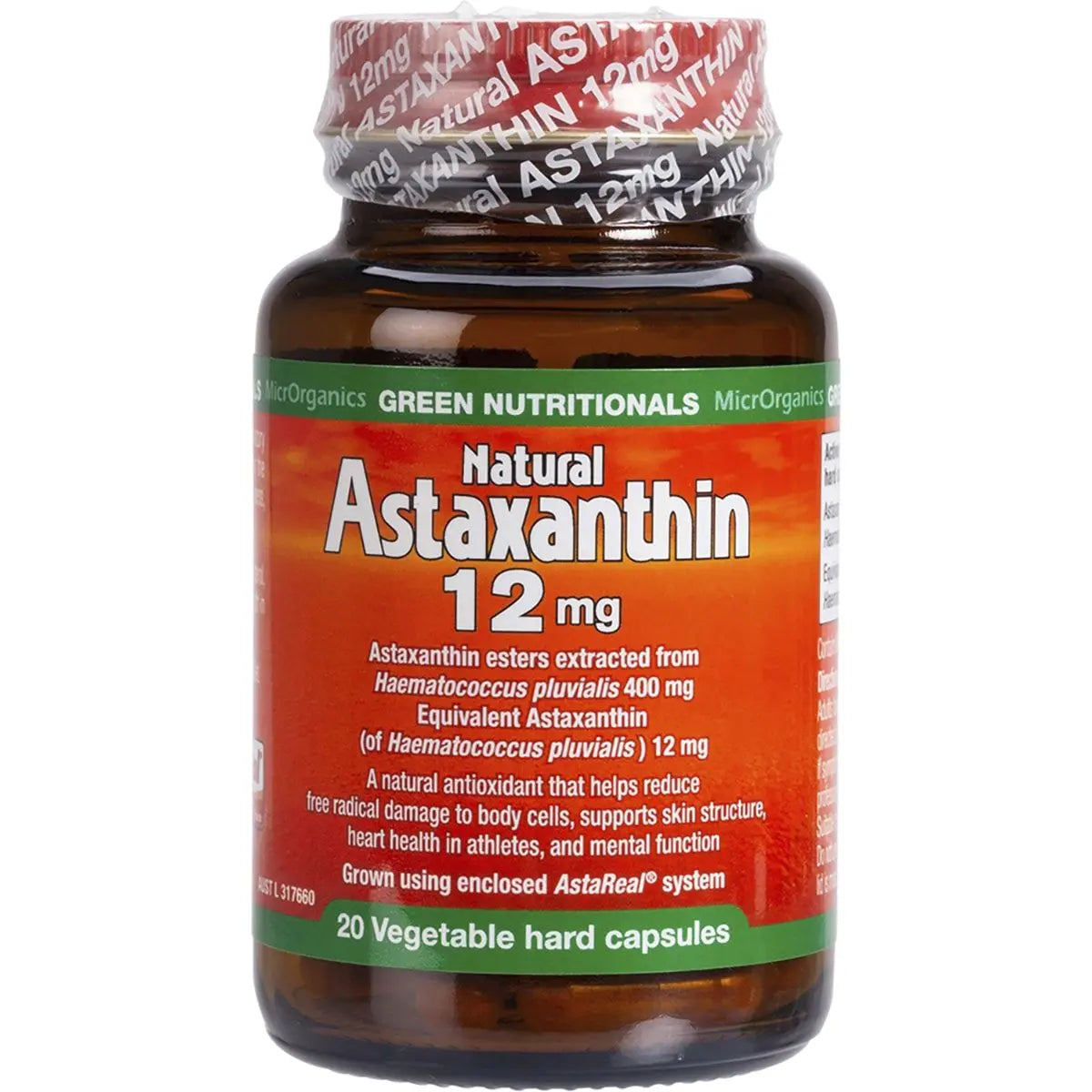 GREEN NUTRITIONALS Natural Astaxanthin Vegan Capsules (12mg) 20 GREEN NUTRITIONALS