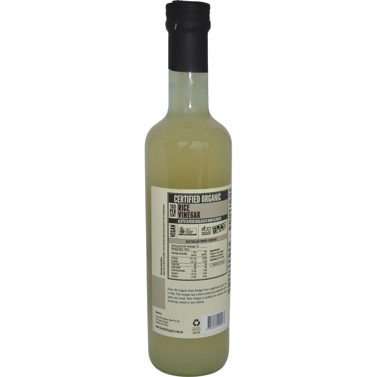 EVERY BIT ORGANIC RAW Rice Wine Vinegar With The Mother 500ml 6PK EVERY BIT