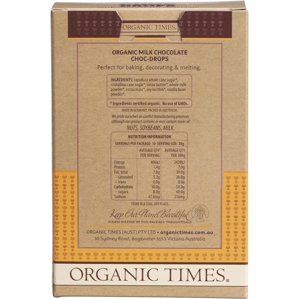 ORGANIC TIMES Choc Drops Milk Couverture Drops 200g ORGANIC TIMES