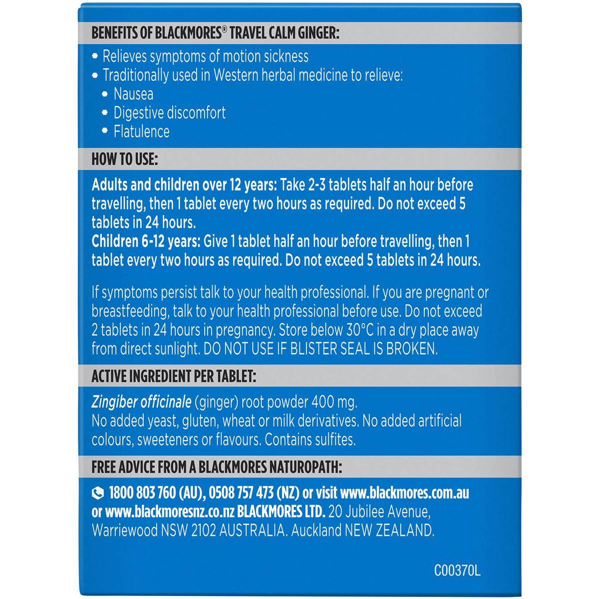Blackmores Travel Calm Ginger 45 Tablets - Cutprice Online