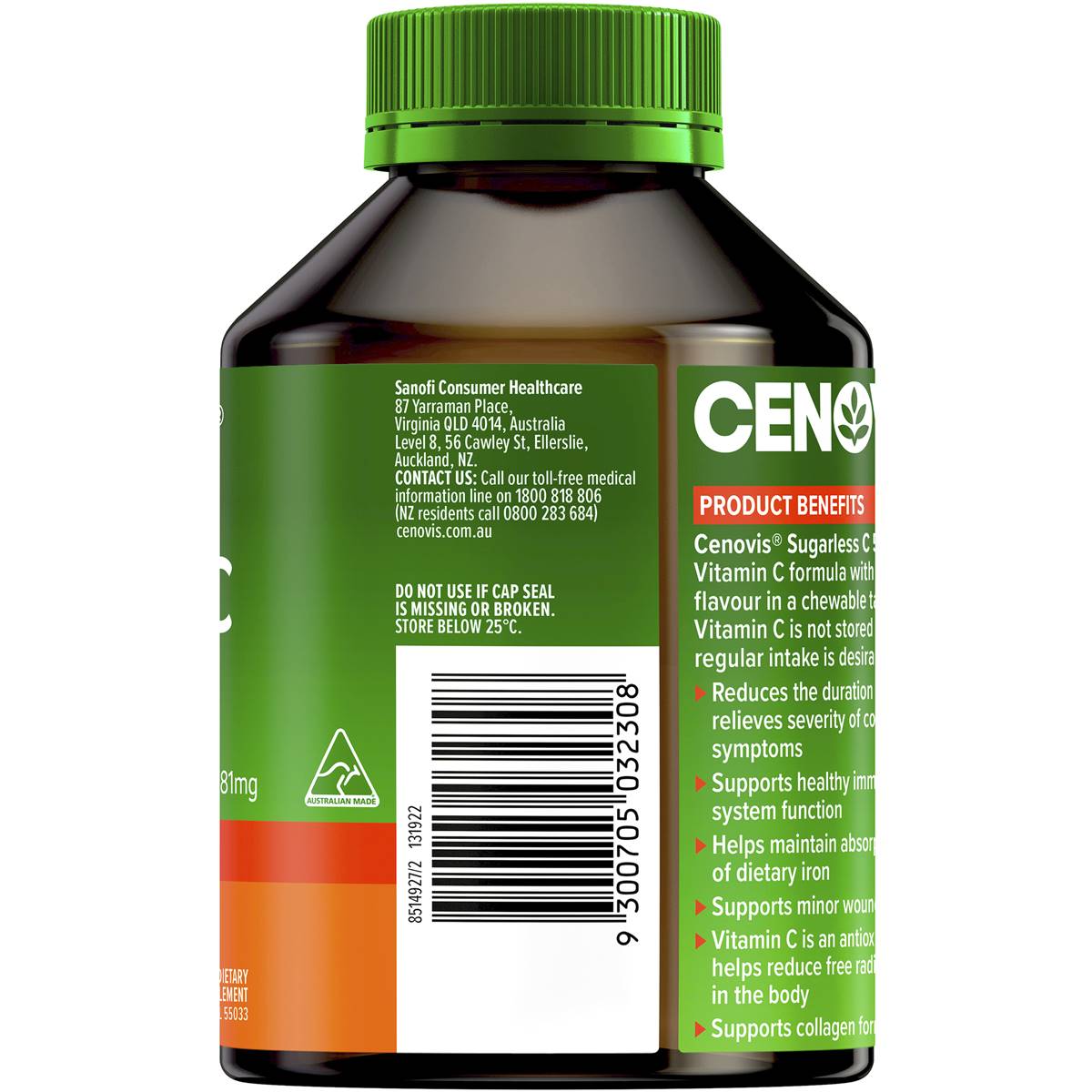 Cenovis Sugarless C 500mg Orange Flavour 300 Tablets - Cutprice Online