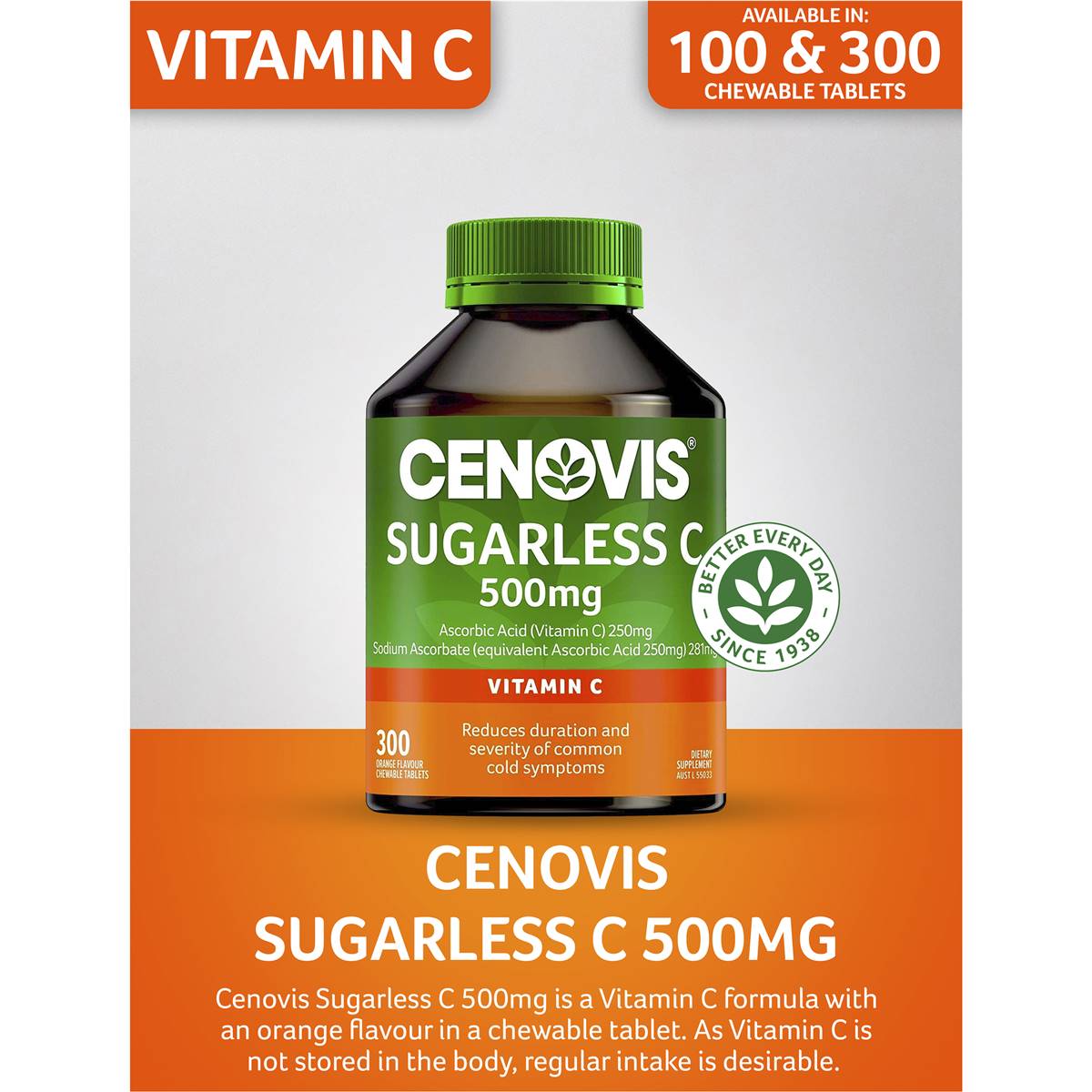 Cenovis Sugarless C 500mg Orange Flavour 300 Tablets - Cutprice Online