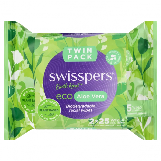 Swisspers Eco Aloe Vera Biodegradable Facial Wipes Twin Pack 2 X 25 Wipes