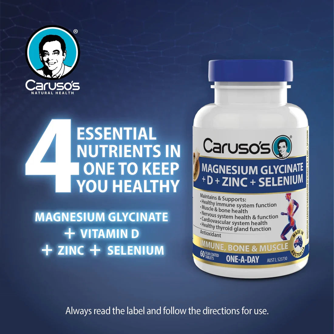 Caruso's Magnesium Glycinate + D + Zinc + Selenium 60 Tablets