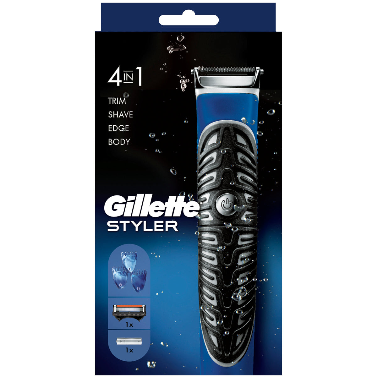 Gillette Fusion Proglide Mens Razor Styler & Trimmer packaging showing the razor and its features such as trim, shave, edge, and body styling.