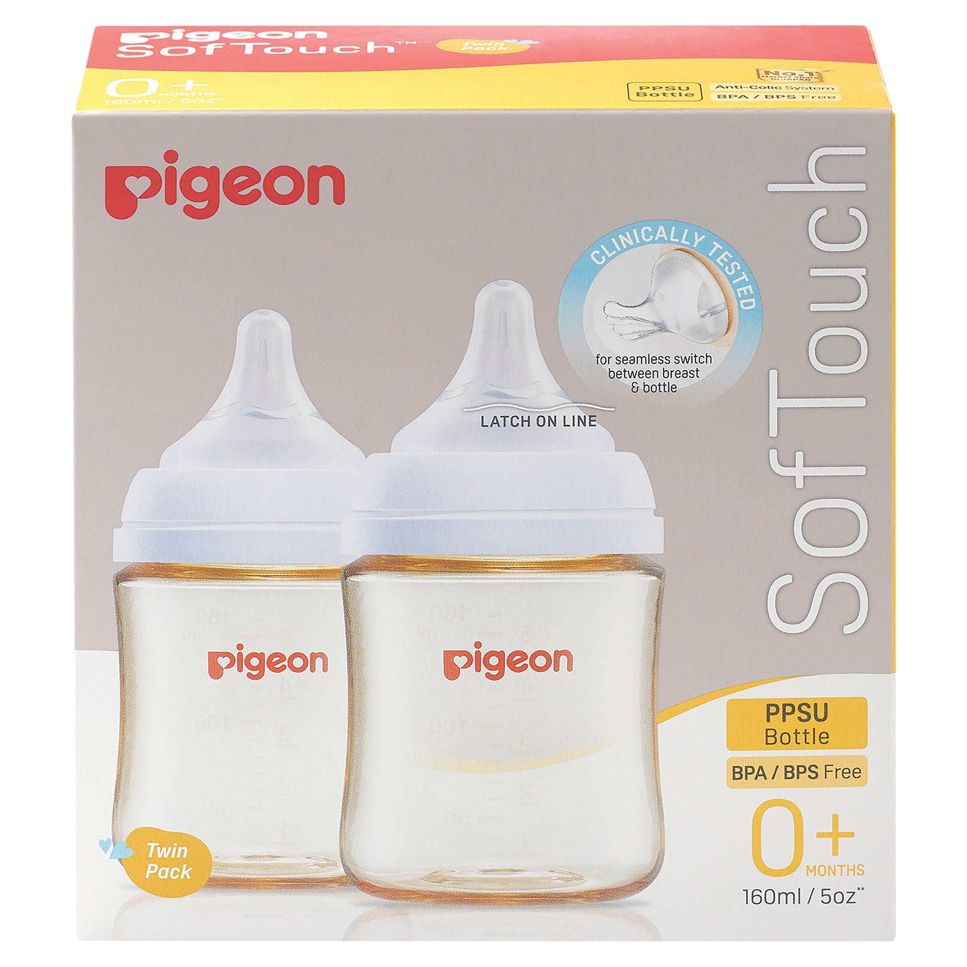 Pigeon Softouch Peristaltic Plus Wide Neck PPSU 160ml BPA BPS Free Twin Pack - Cutprice Online