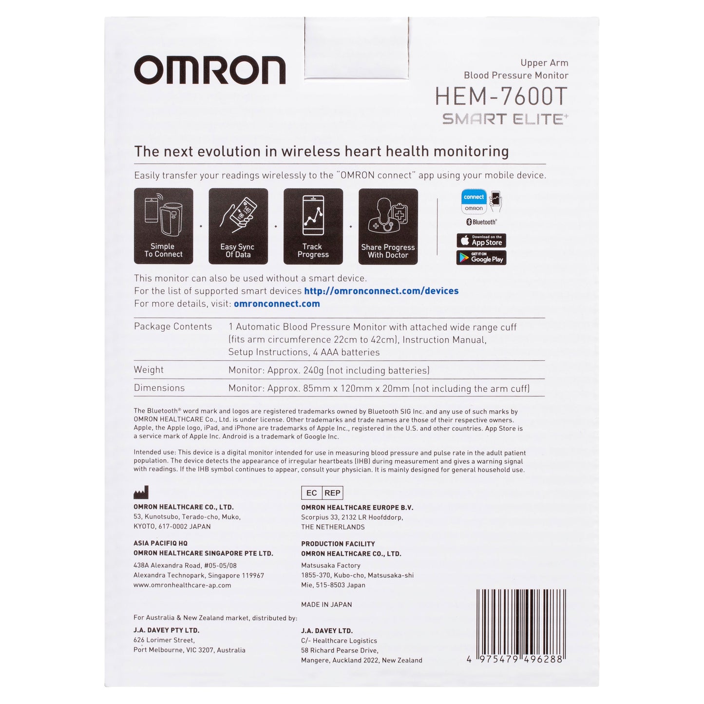 Omron Smart Elite HEM7600T Blood Pressure Monitor Bluetooth Tubeless - Cutprice Online