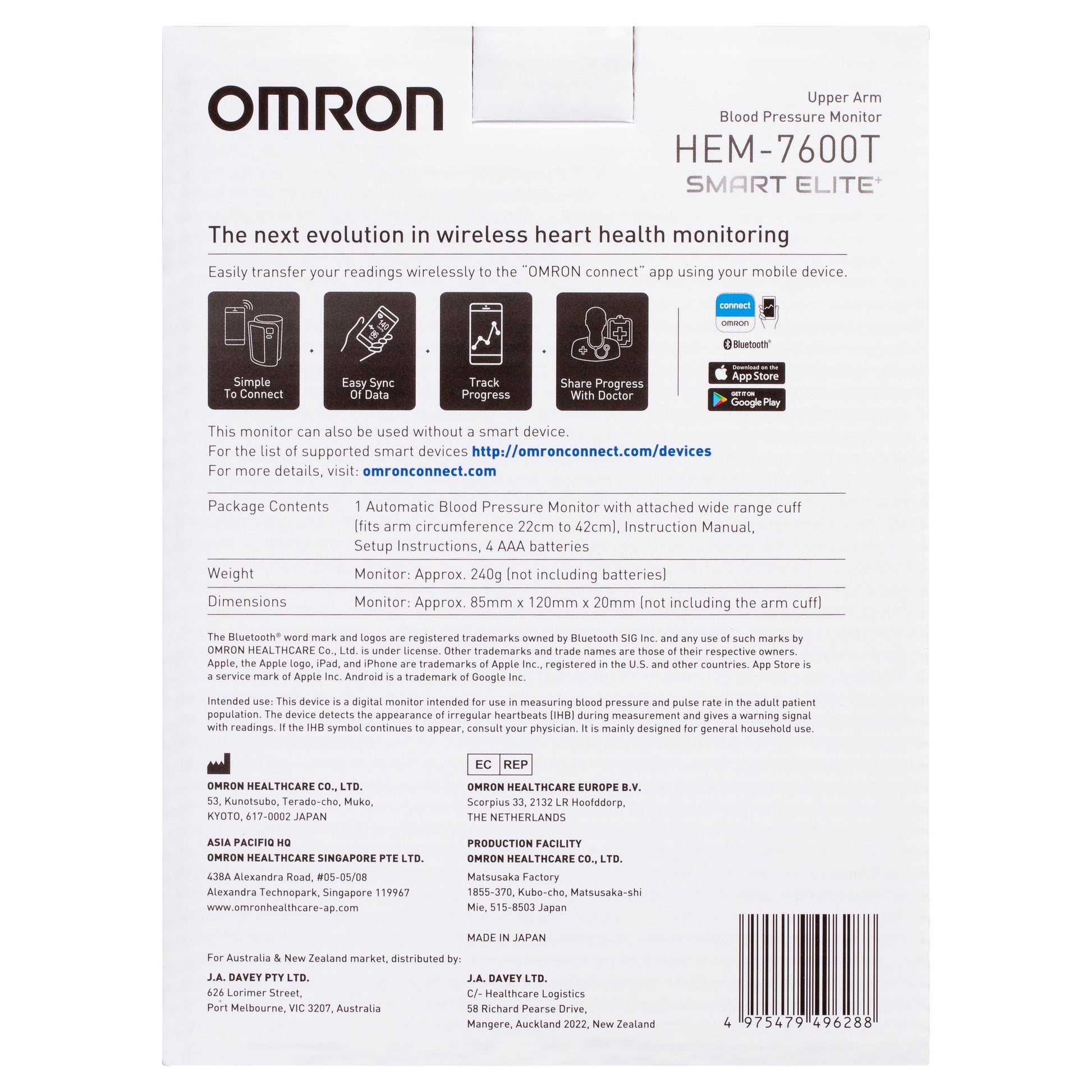 Omron Smart Elite HEM7600T Blood Pressure Monitor Bluetooth Tubeless - Cutprice Online