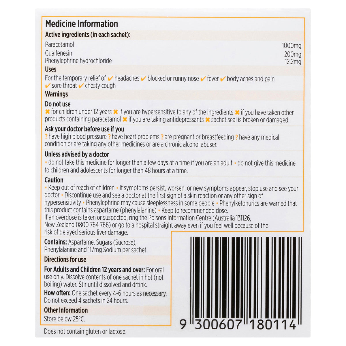 Codral Relief Max Cold & Flu & Mucus Cough Hot Drink Lemon  10 Pack