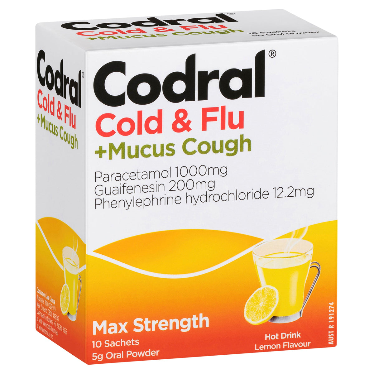 Codral Relief Max Cold & Flu & Mucus Cough Hot Drink Lemon  10 Pack