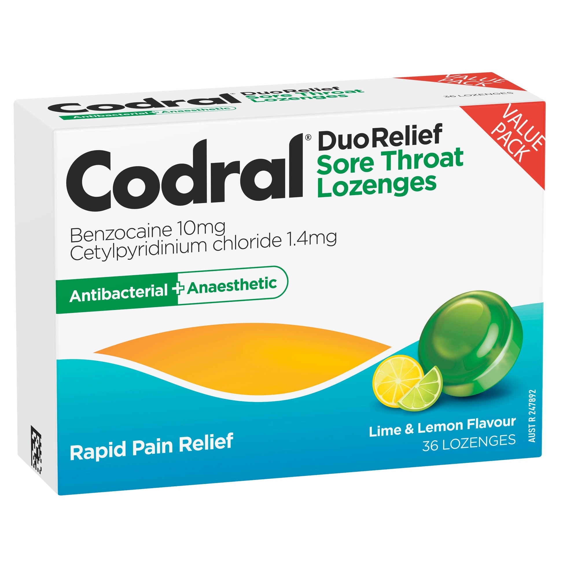 Codral Sore Throat Lozenges Antibacterial + Anaesthetic Lime & Lemon 36 Pack - Cutprice Online