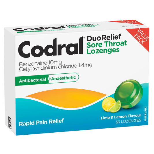 Codral Sore Throat Lozenges Antibacterial + Anaesthetic Lime & Lemon 36 Pack - Cutprice Online