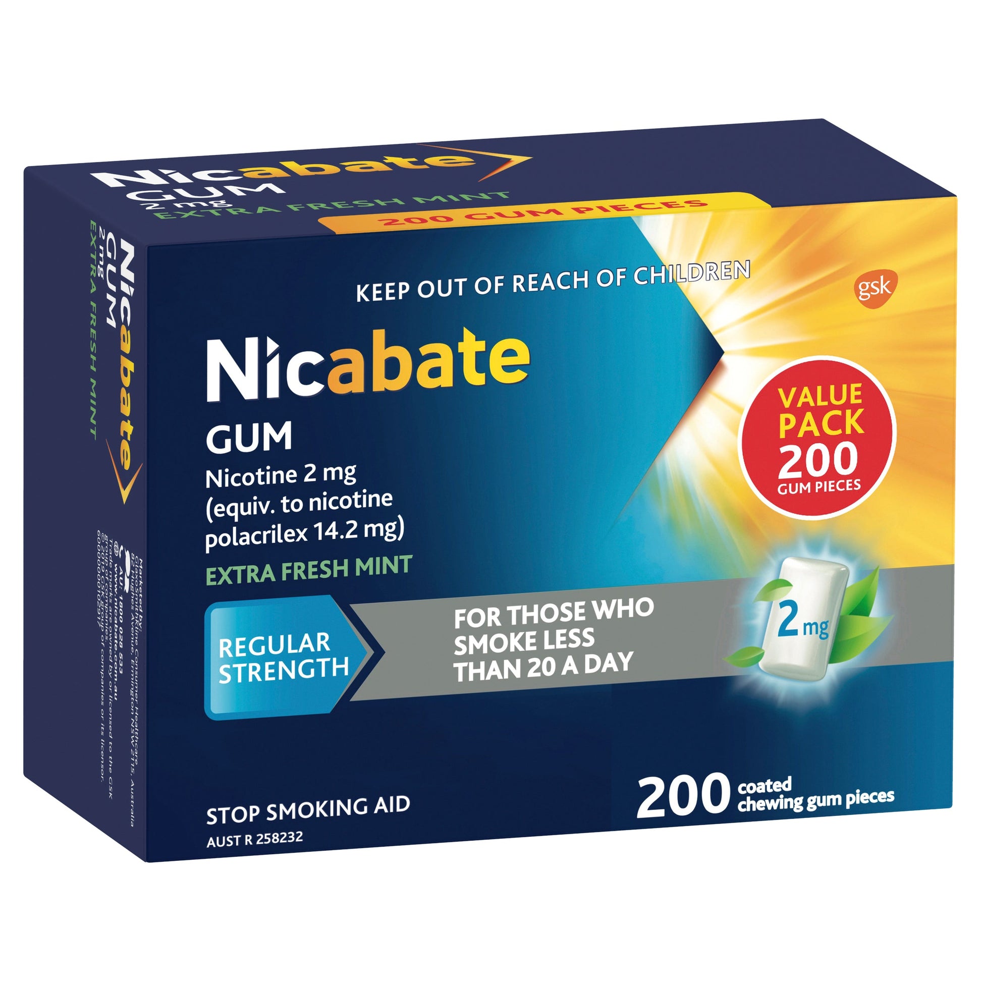 Nicabate Gum Nicotine 2mg Regular Strength Extra Fresh Mint 200 Pack - Cutprice Online