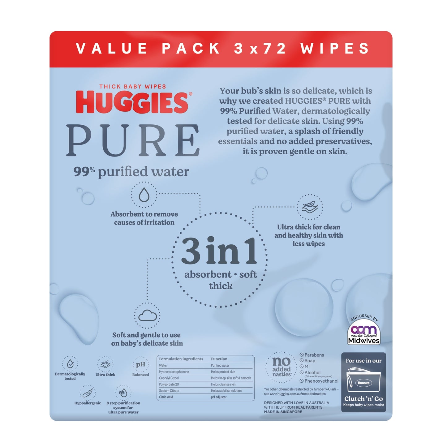 Huggies 99% Purified Water Wipes 3x72 Pack