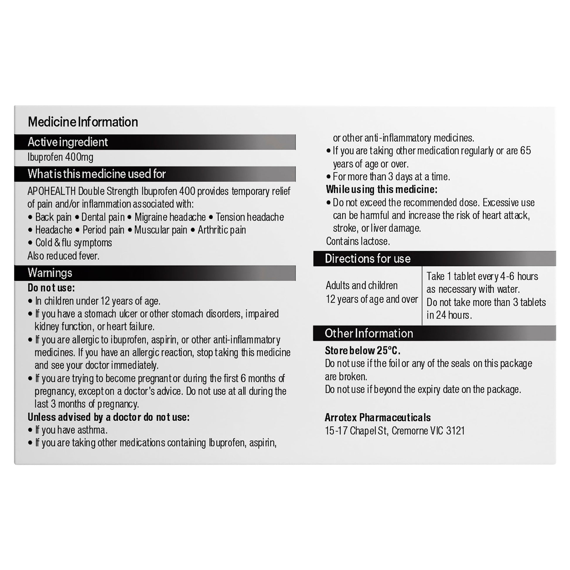 Apohealth Ibuprofen 400mg 12 Tablets