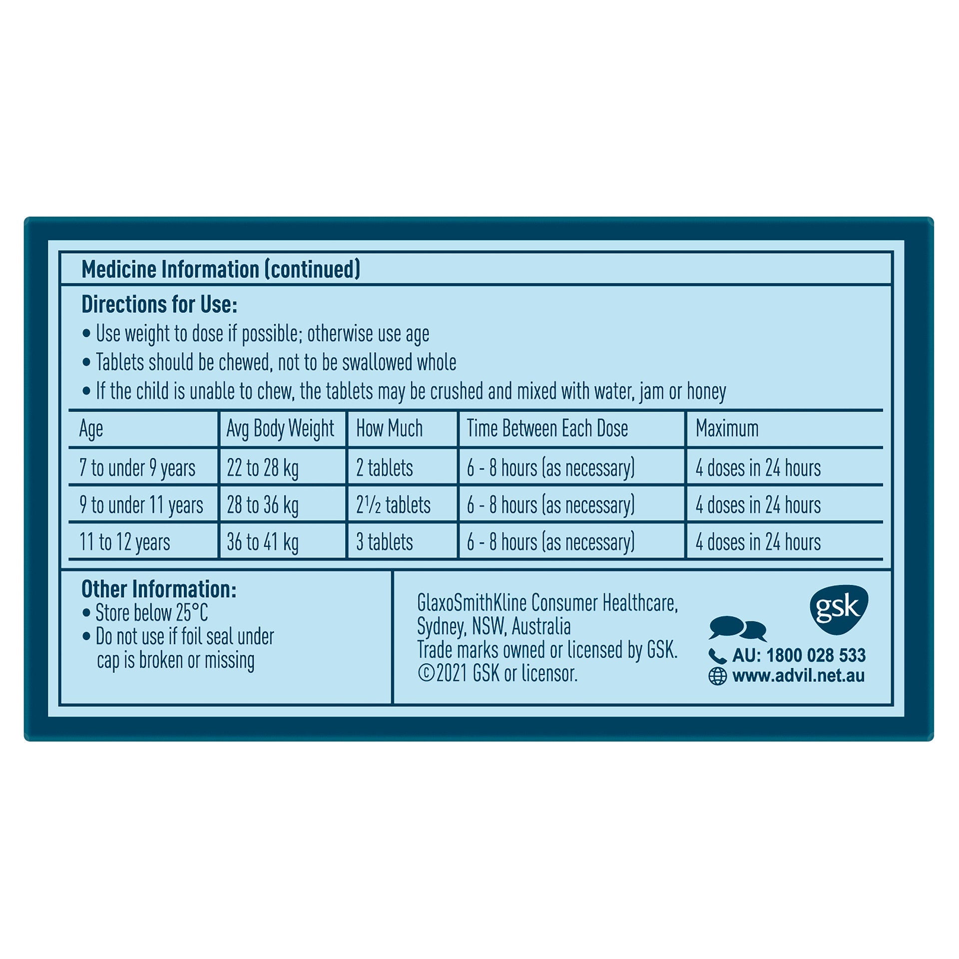 Advil Childrens 7-12 Years 20 Chewable Tablets - Cutprice Online