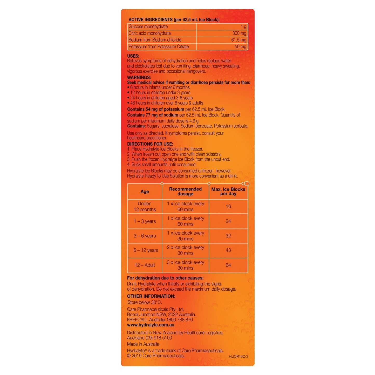 Hydralyte Rehydration Orange Flavoured Ice Blocks 16 Pack - Cutprice Online