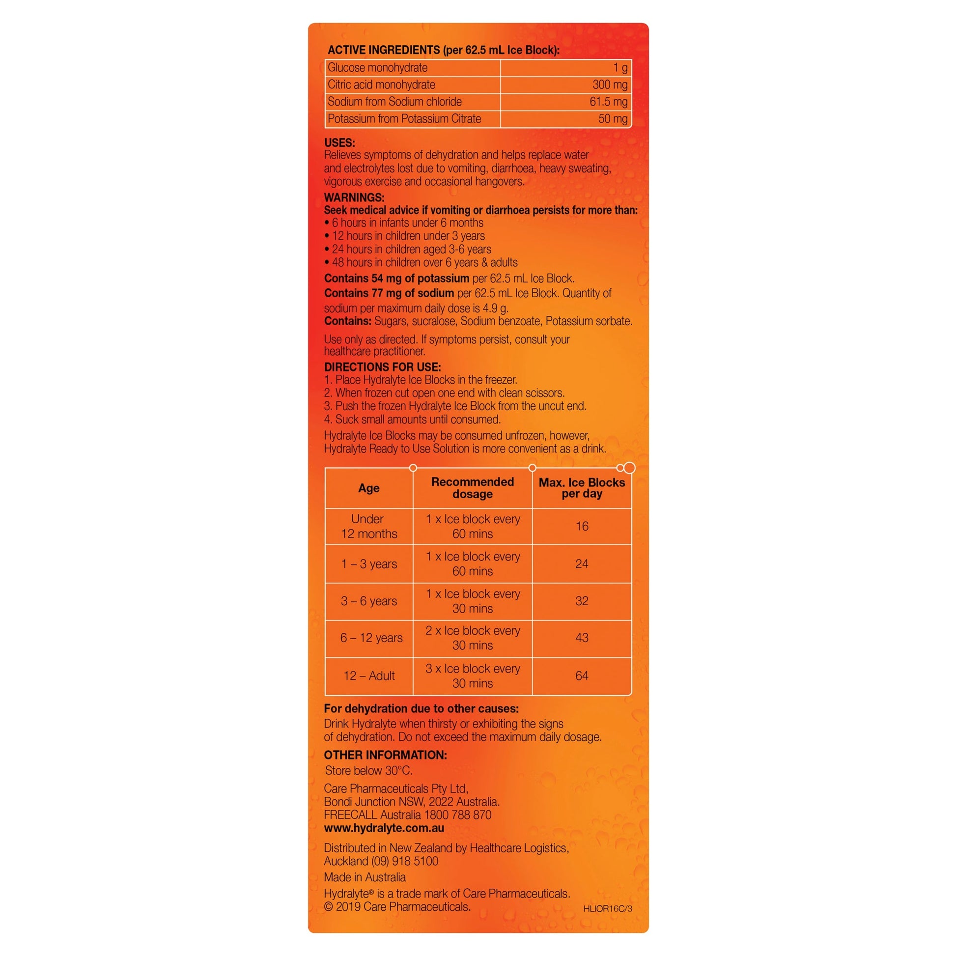 Hydralyte Rehydration Orange Flavoured Ice Blocks 16 Pack - Cutprice Online