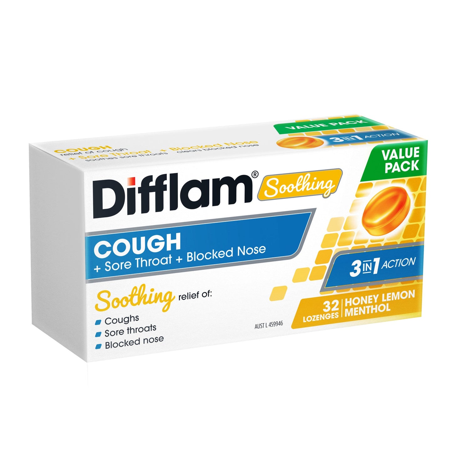 Difflam Soothing Cough + Sore Throat + Blocked Nose Honey Lemon Menthol 32 Lozenges - Cutprice Online