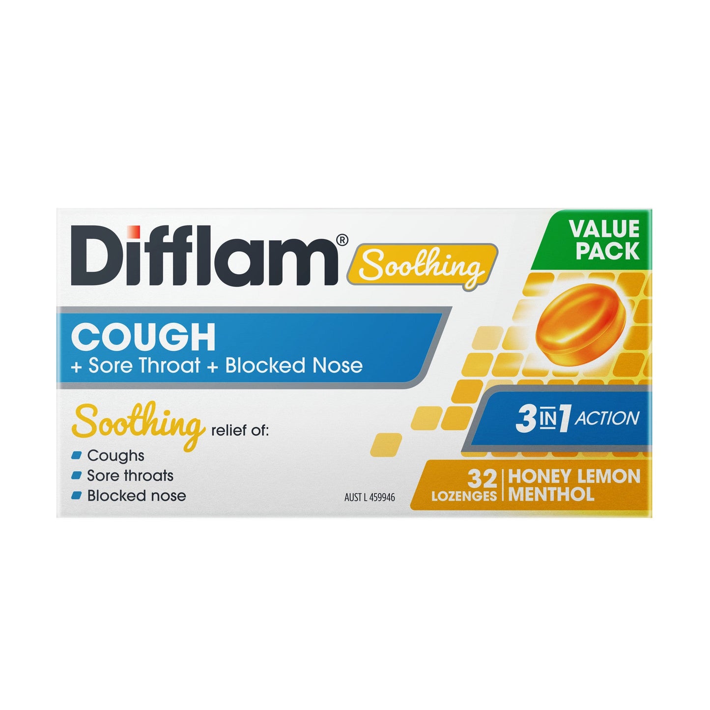 Difflam Soothing Cough + Sore Throat + Blocked Nose Honey Lemon Menthol 32 Lozenges - Cutprice Online