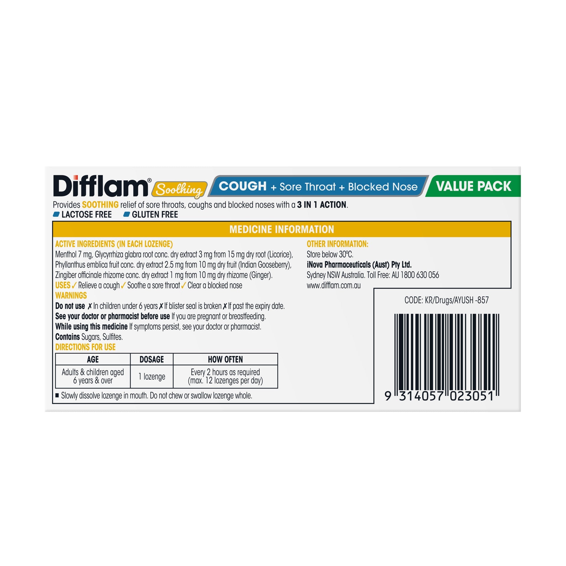 Difflam Soothing Cough + Sore Throat + Blocked Nose Honey Lemon Menthol 32 Lozenges - Cutprice Online