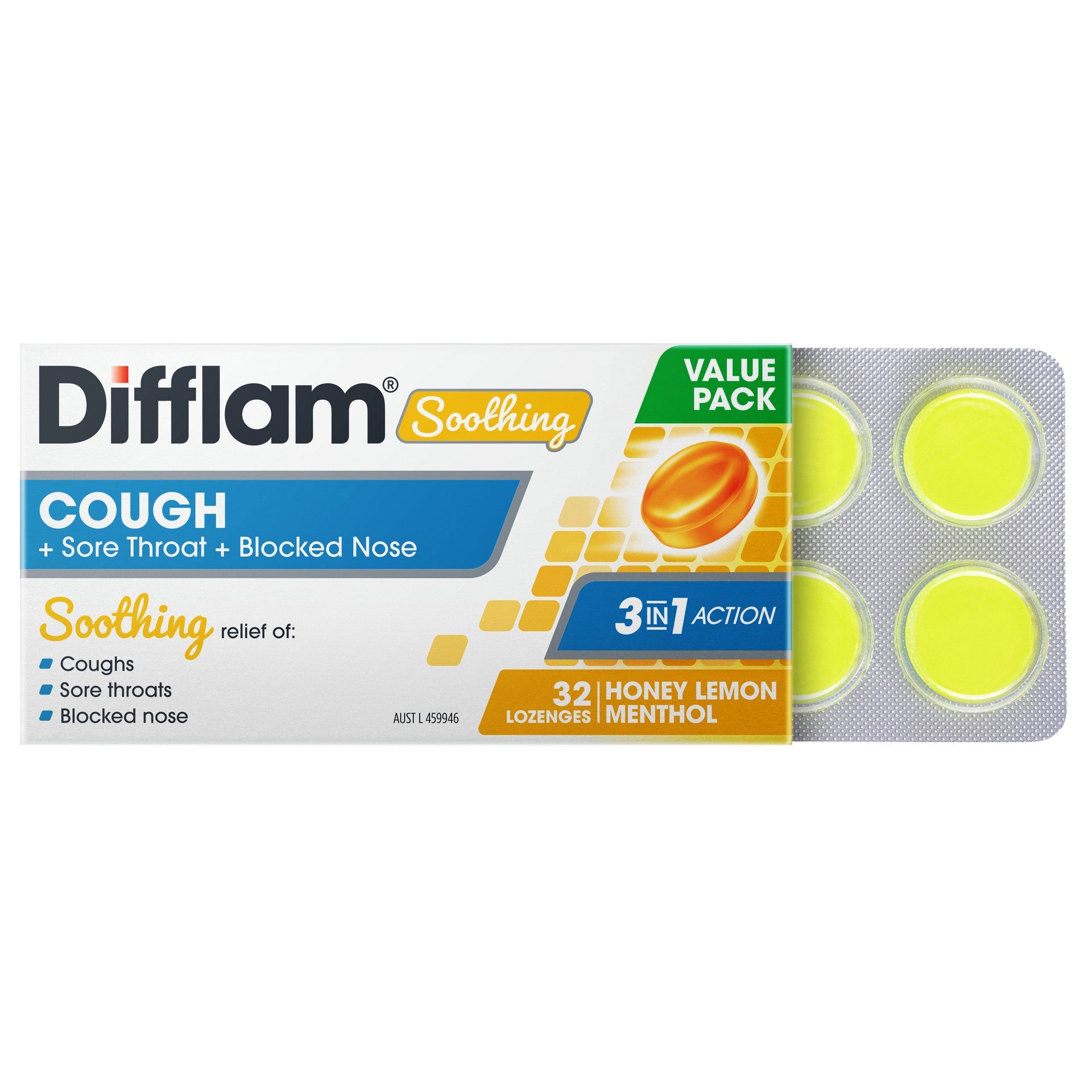Difflam Soothing Cough + Sore Throat + Blocked Nose Honey Lemon Menthol 32 Lozenges - Cutprice Online