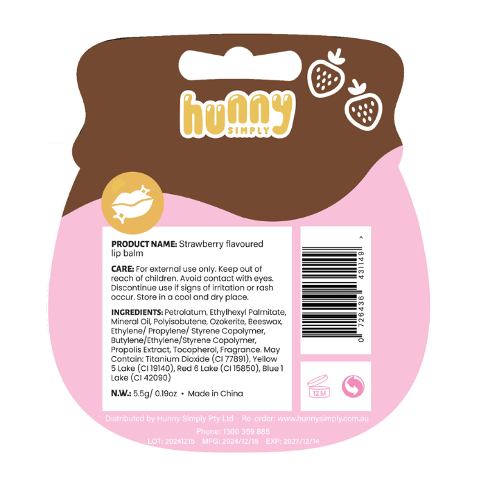 HUNNY SIMPLY Lip Balm Strawberry Flavoured 5.5g