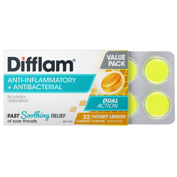 Deflam Medication Difflam Anti-inflammatory + Antibacterial Honey Lemon 32 Lozenges ...