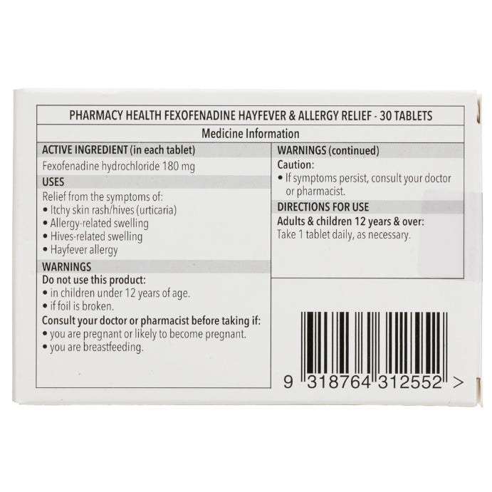Pharmacy Health Fexofenadine 180mg 30 Tablets