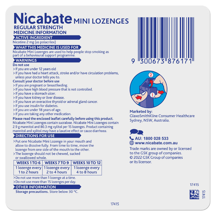 Nicabate Mini Lozenges Nicotine 2mg Regular Strength Mint 20 Lozenges - Cutprice Online