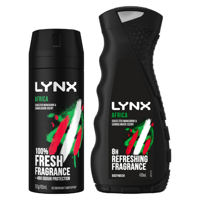 Lynx Africa Duo Wash Bag Men's Gift Set Full-sized Body Spray, Body Wash & Wash Bag Travel Pack 3 Piece Set