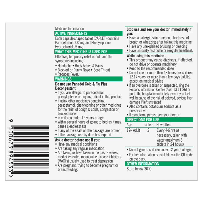 Panadol Cap Cold Flu & Decongestion 500mg 16 Pack - Cutprice Online