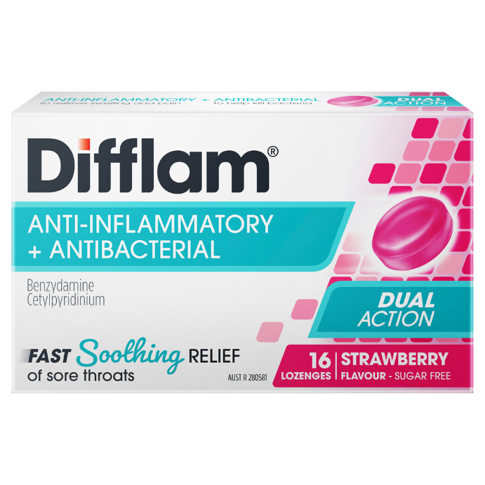 Difflam Anti-Inflammatory and Antibacterial Sugar Free Strawberry 16 Lozenges