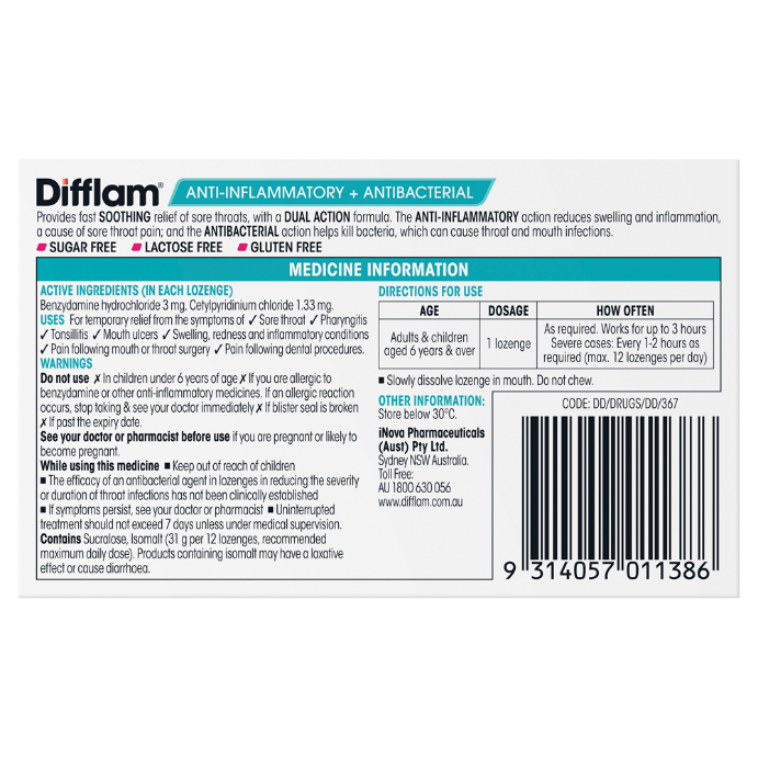 Difflam Anti-Inflammatory and Antibacterial Sugar Free Strawberry 16 Lozenges