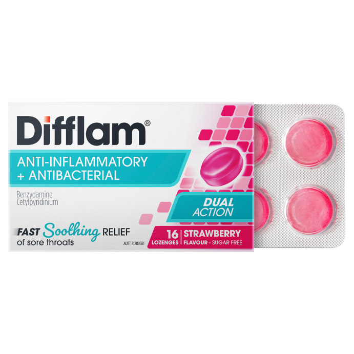 Difflam Anti-Inflammatory and Antibacterial Sugar Free Strawberry 16 Lozenges