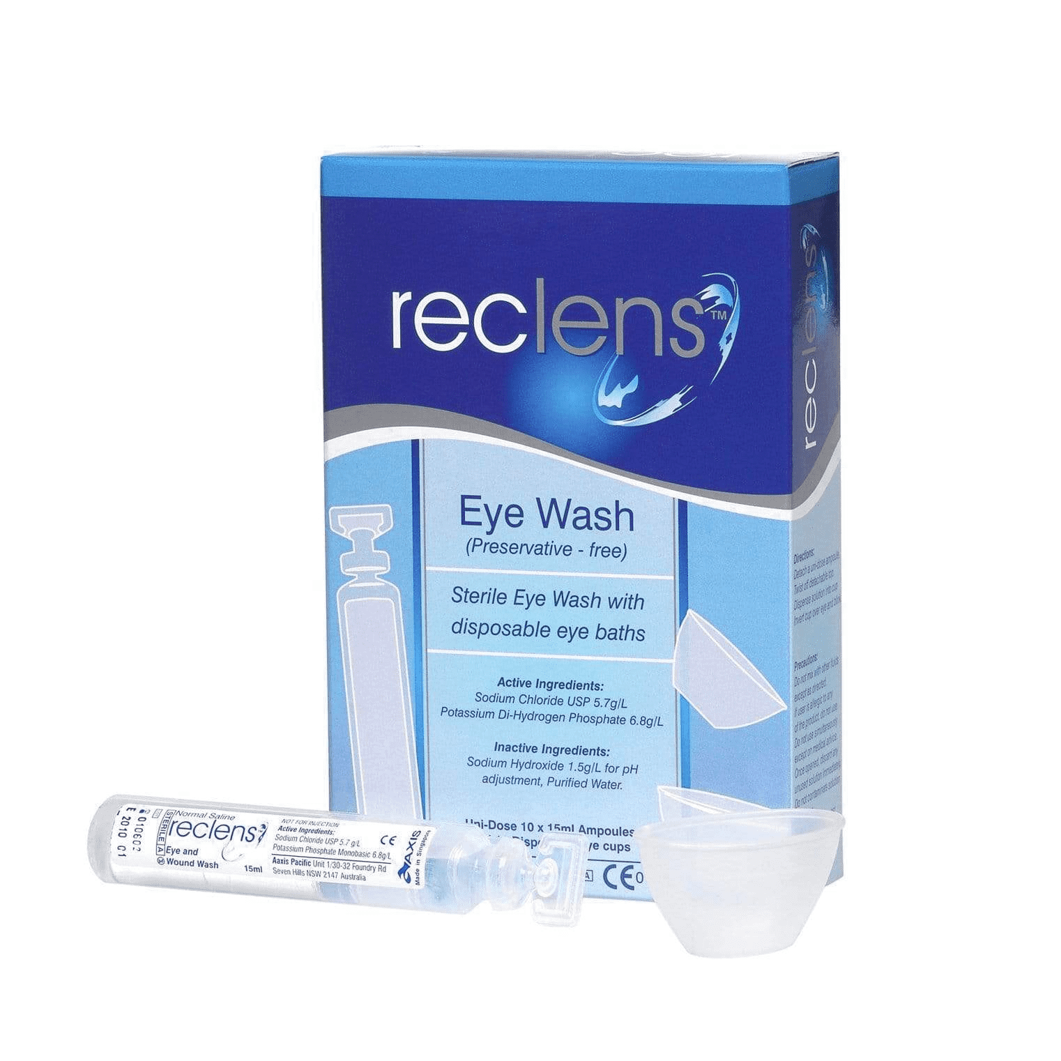 Reclens Saline Eye Wash Preservative Free Ampoule 10 X 15ml + 10 Eye Cups - Cutprice Online