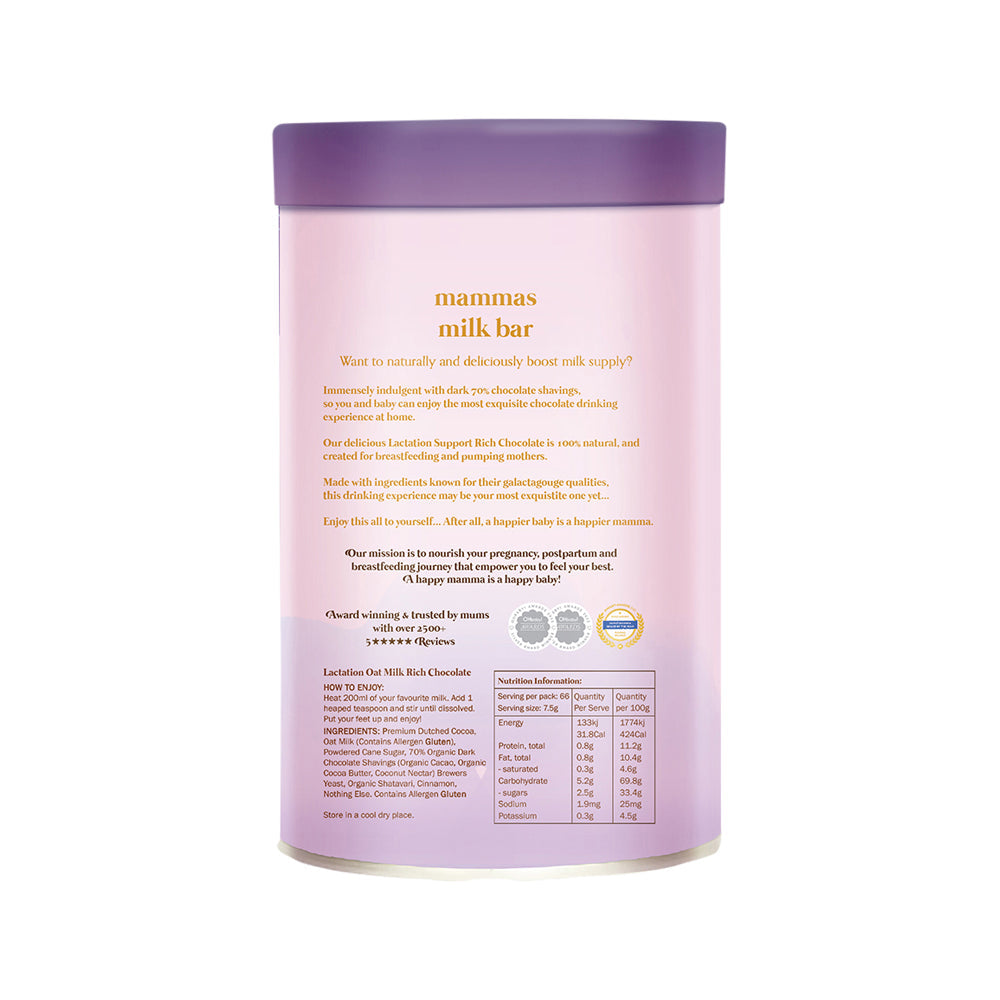 Mammas Milk Bar Oat Milk Rich Chocolate Lactation Support Drinking Chocolate 500g