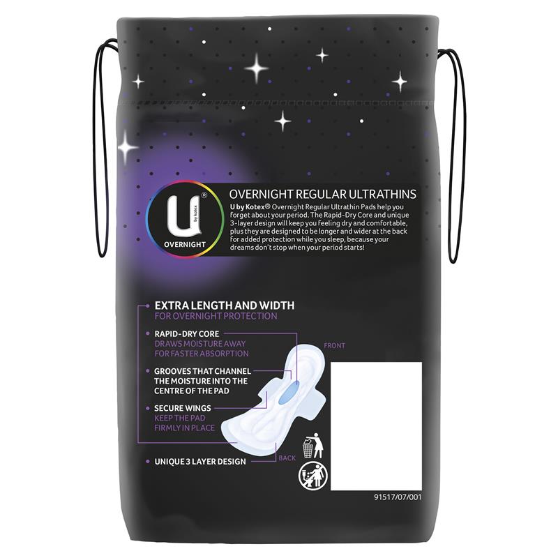 U by Kotex Pads Ultrathin Overnight Regular With Wings 10 pack - Cutprice Online
