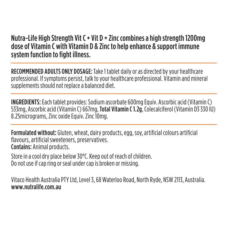 Nutra-Life High Strength Vitamin C + Vitamin D + Zinc 120 Tablets NUTRA-LIFE