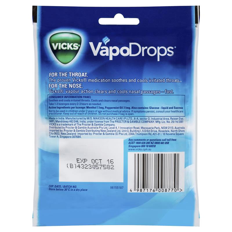 Vicks Vapodrops Blue Cooling Peppermint 24 Lozenges - Cutprice Online