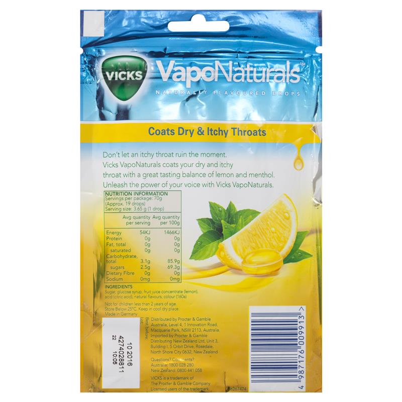 Vicks VapoNaturals Lemon Menthol Throat Lozenges 19 Drops - Cutprice Online