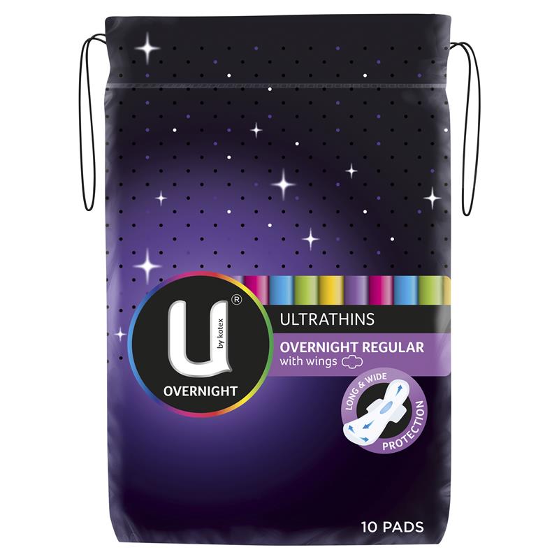 U by Kotex Pads Ultrathin Overnight Regular With Wings 10 pack - Cutprice Online
