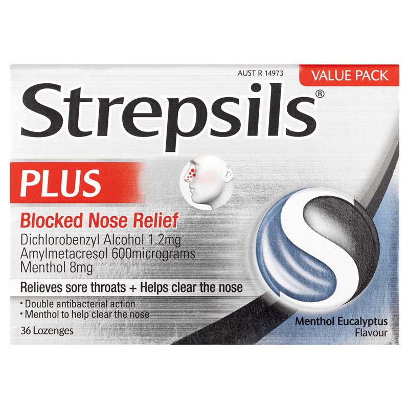 Strepsils Plus Blocked Nose Relief Throat Lozenges Menthol Eucalyptus 36PK - Cutprice Online