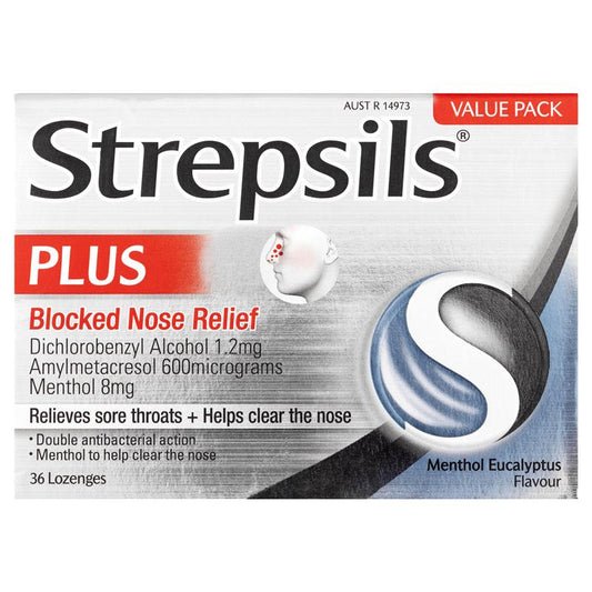 Strepsils Plus Blocked Nose Relief Throat Lozenges Menthol Eucalyptus 36PK - Cutprice Online