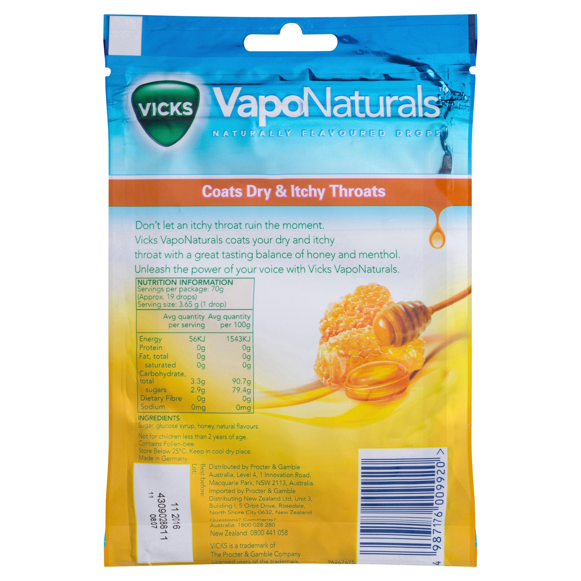 Vicks VapoNaturals Honey Throat Lozenges 19 Drops - Cutprice Online