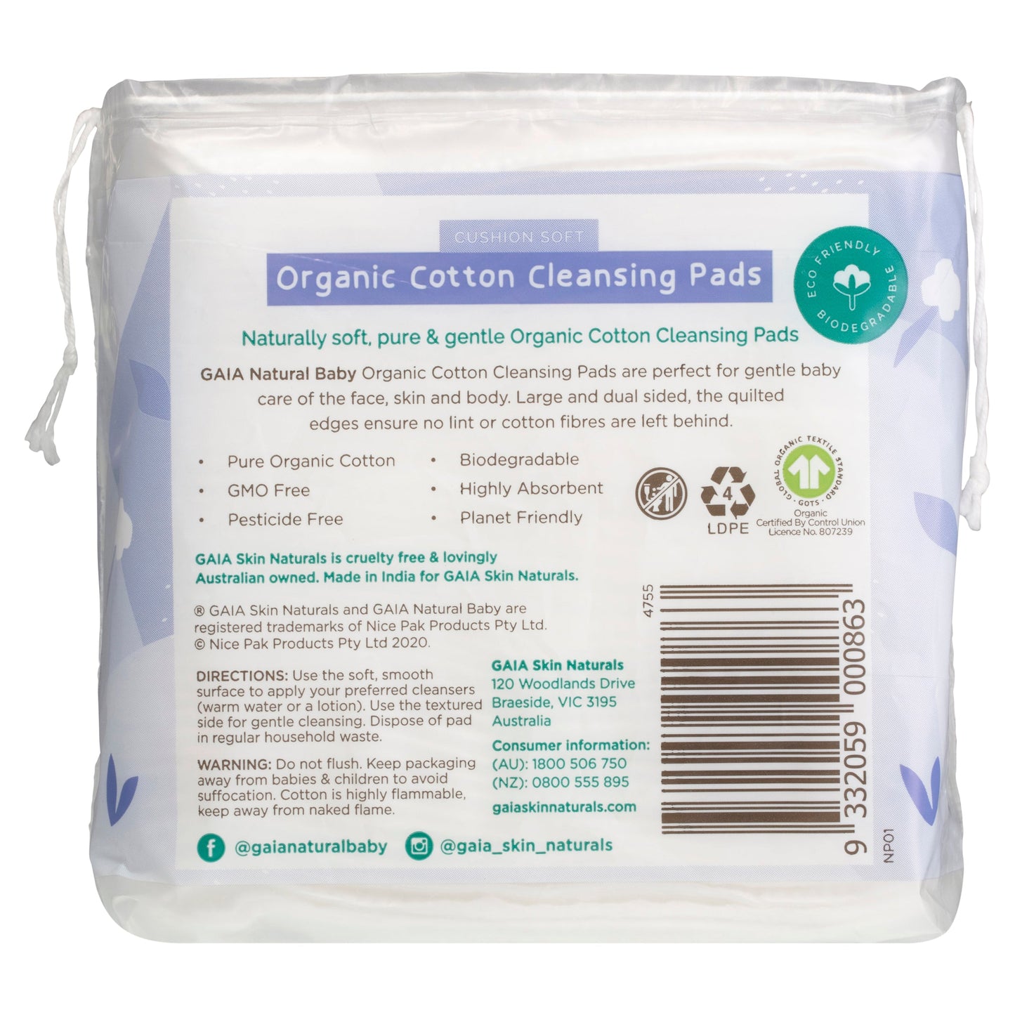 GAIA Natural Baby Organic Cotton Cleansing Pads 40PK - Cutprice Online