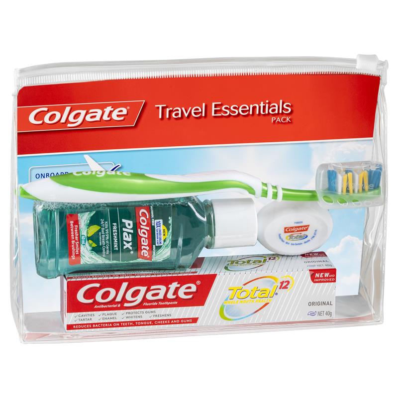 Colgate Travel Essentials Toothbrush, Toothpaste, Mouthwash, Floss & travel bag Pack - Cutprice Online